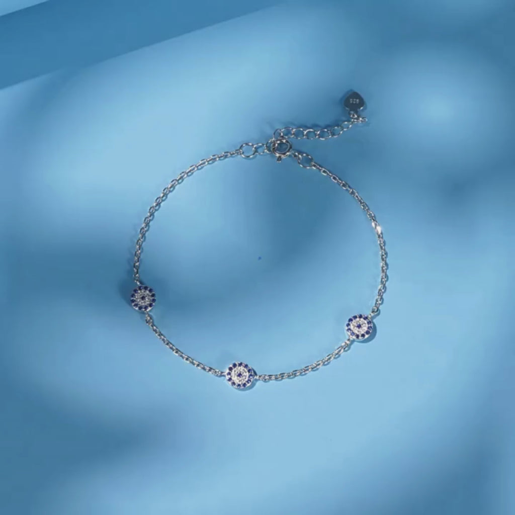 Three-Charm Sterling Silver Evil Eye Bracelet - Turkish Eye Bracelet