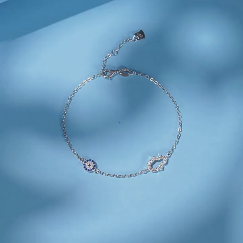 Sterling Silver Hamsa Hand and Evil Eye Bracelet - Lucky Eye Bracelet