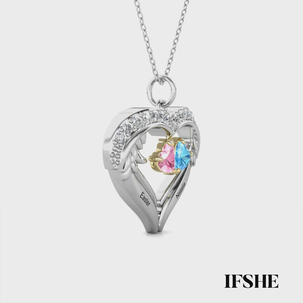 Personalised Sterling Silver Heart Wing Birthstone Necklace – Custom Engraved Names