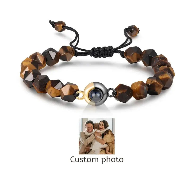 Personalised Photo Projection Bracelet Tiger Eye Stone Beaded Bracelet