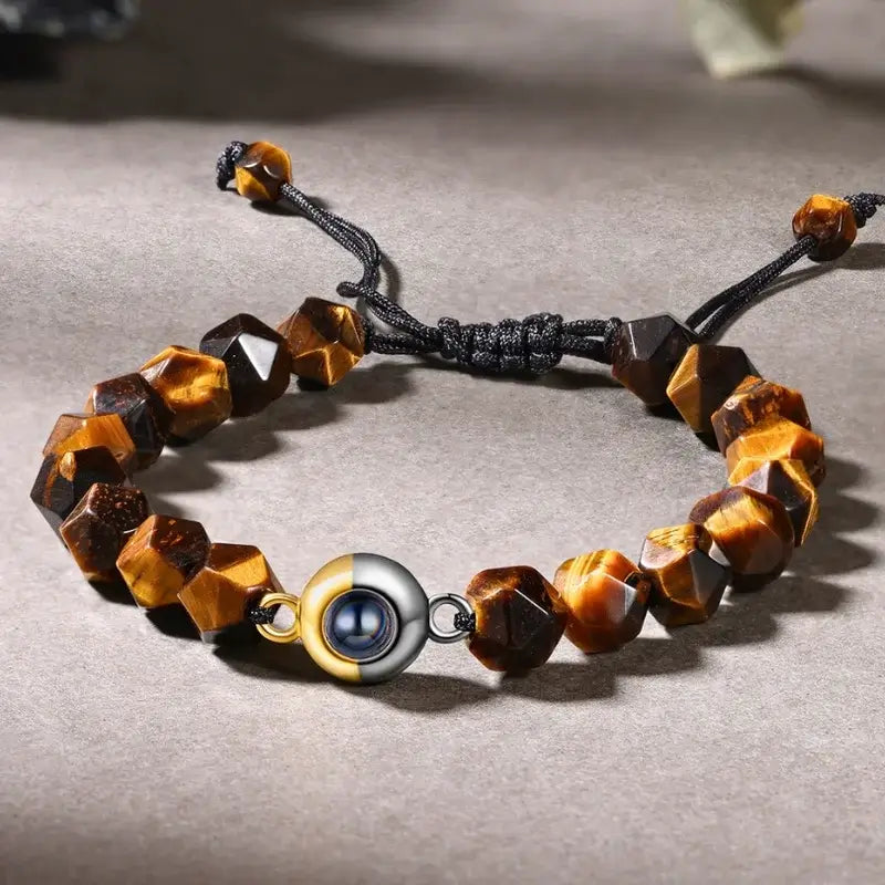 Personalised Photo Projection Bracelet Tiger Eye Stone Beaded Bracelet