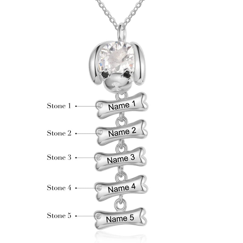 Personalised Mum Necklace with Children's Names | Puppy and Bone Charms Birthstone Necklace for Mum