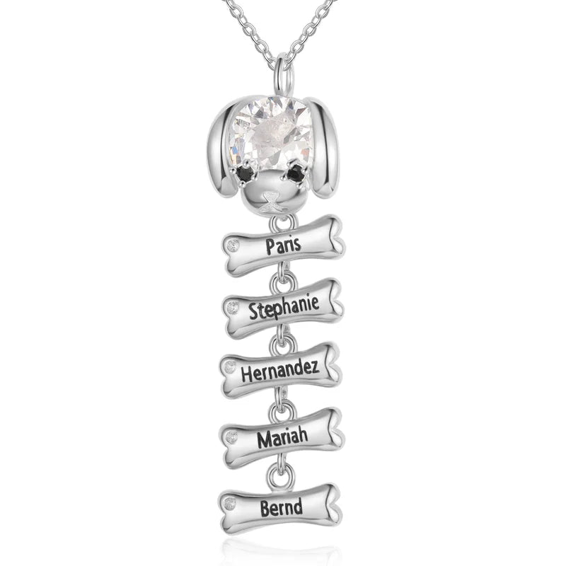 Personalised Mum Necklace with Children's Names | Puppy and Bone Charms Birthstone Necklace for Mum