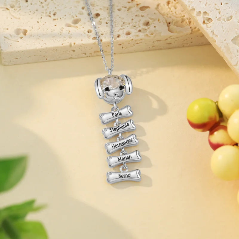 Personalised Mum Necklace with Children's Names | Puppy and Bone Charms Birthstone Necklace for Mum