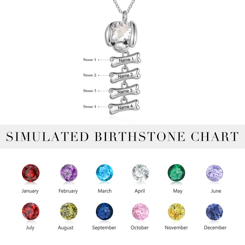 Personalised Mum Necklace with Children's Names | Puppy and Bone Charms Birthstone Necklace for Mum