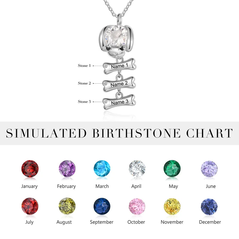 Personalised Mum Necklace with Children's Names | Puppy and Bone Charms Birthstone Necklace for Mum