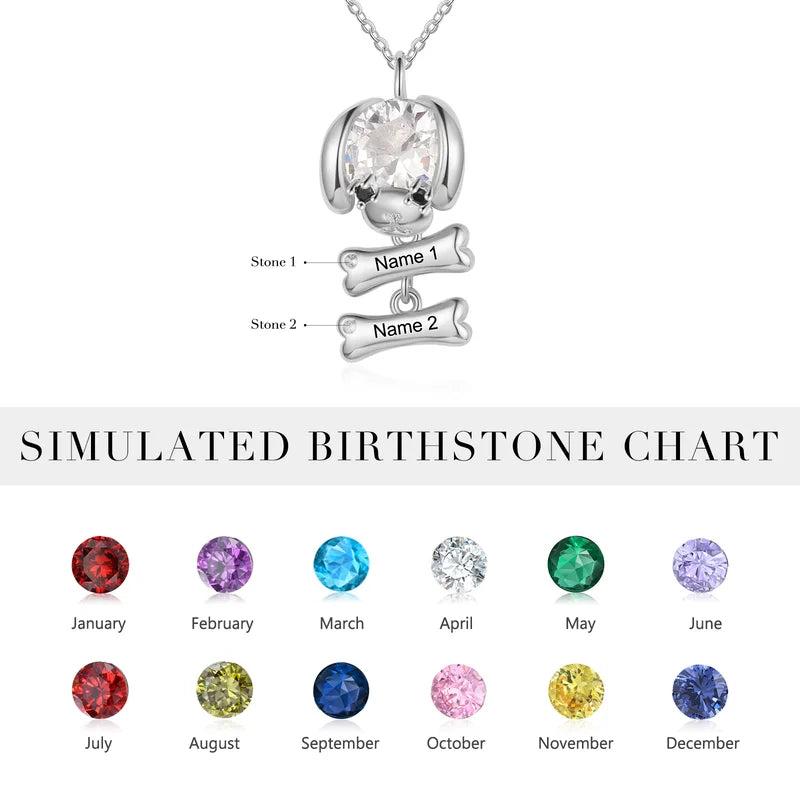 Personalised Mum Necklace with Children's Names | Puppy and Bone Charms Birthstone Necklace for Mum