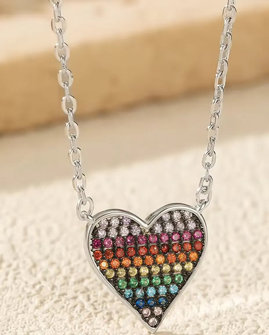 Rainbow pave zirconia heart necklace in 925 sterling silver