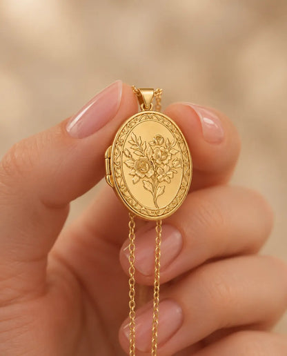 Personalised Photo Locket Necklace That Holds 2 Pictures - Rose Bouquet Oval Locket With Mother of Pearl Back held in hand
