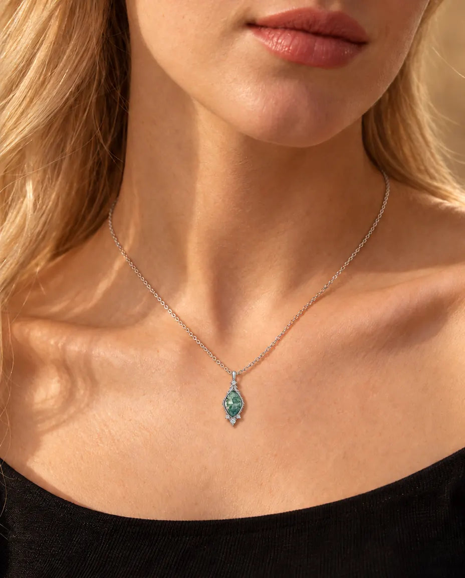 Rose Cut Moss Agate Lozenge Necklace in 925 Sterling Silver - worn on a model, close-up at the collarbone