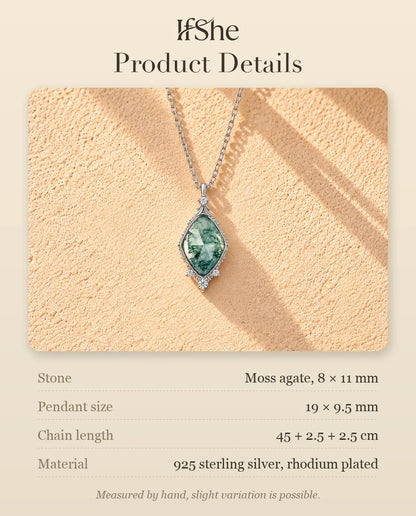 Rose Cut Moss Agate Lozenge Necklace in 925 Sterling Silver - product details with stones, pendant size, chain length and material