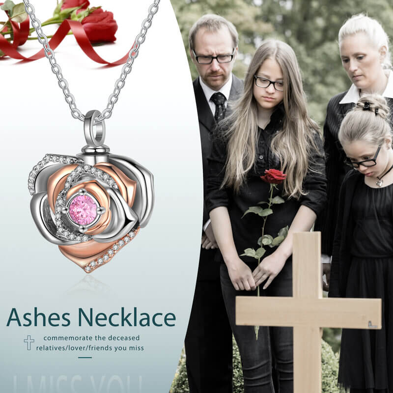 Rose Locket Ashes Necklace with Engraving and Birthstone