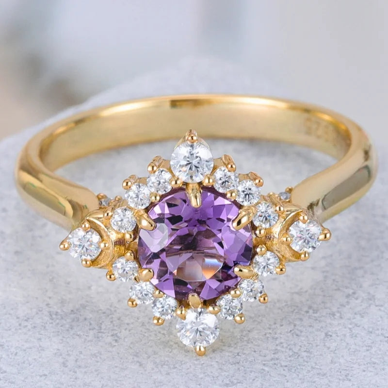 Round Shaped Amethyst Engagement Ring with Moissanite