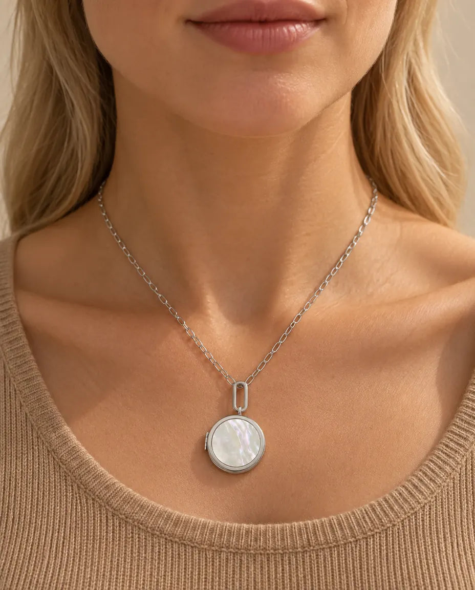 Personalised Round Photo Locket Necklace That Holds 2 Pictures worn on a model