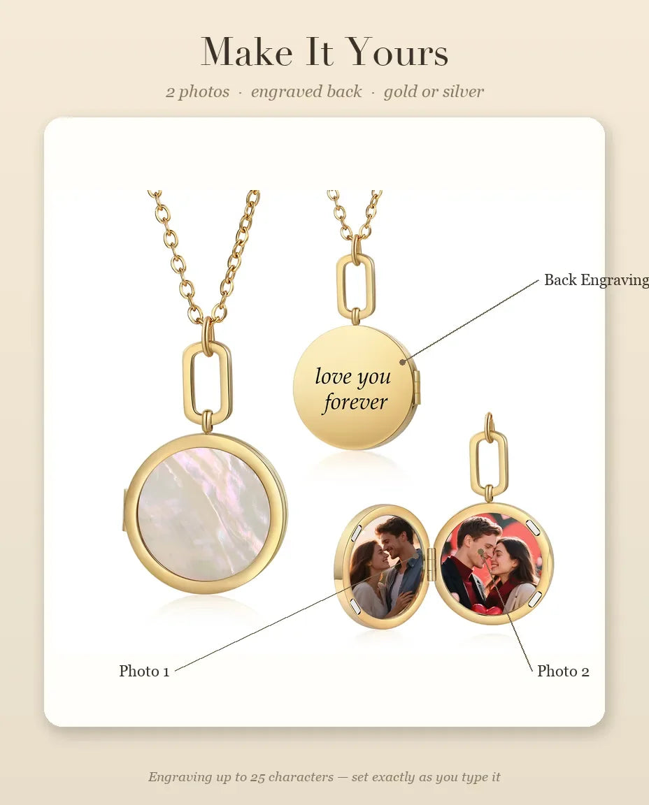 Personalisation guide showing Photo 1, Photo 2 and the back engraving
