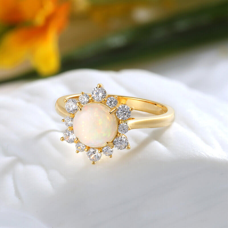 Round Opal Engagement Ring with Moissanite Sterling Silver