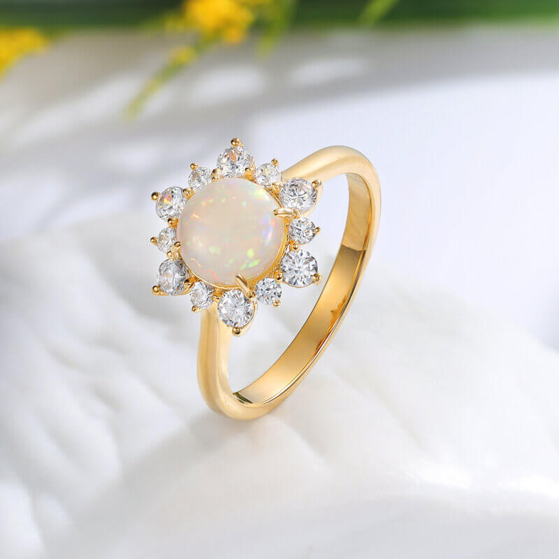 Round Opal Engagement Ring with Moissanite Sterling Silver