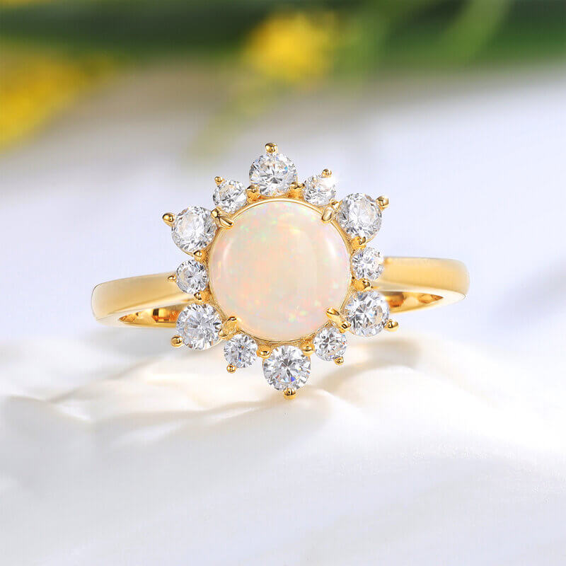 Round Opal Engagement Ring with Moissanite Sterling Silver