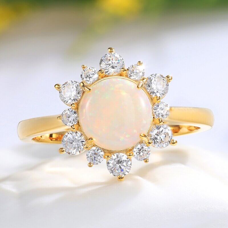 Round Opal Engagement Ring with Moissanite Sterling Silver
