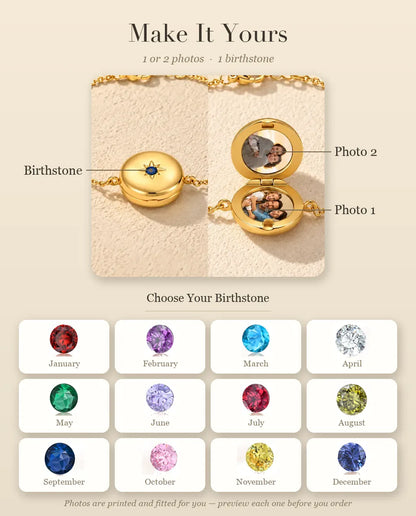 Personalisation guide for the round locket bracelet: Birthstone, Photo 1 and Photo 2