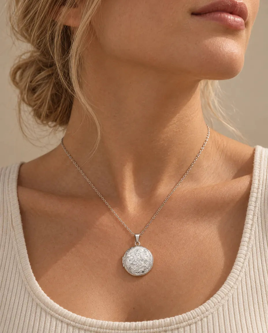 Personalised Round Photo Locket Necklace That Holds 2 Pictures worn on a model