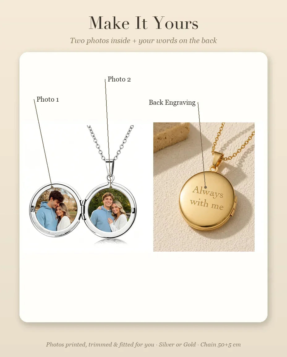 Personalisation guide showing Photo 1, Photo 2 and Back Engraving placement on round locket