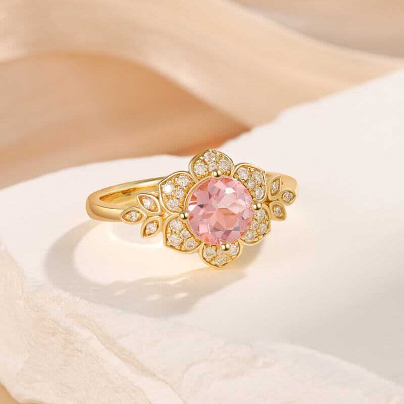 Round Shaped Morganite Engagement Ring Set with Moissanite 14/18k Yellow Gold