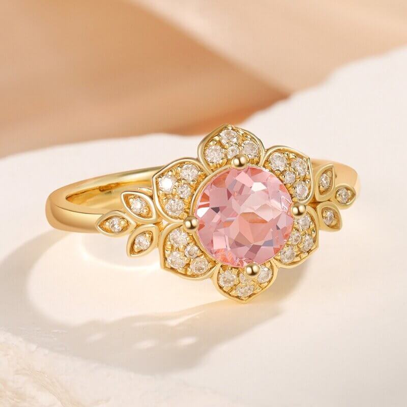 Round Shaped Morganite Engagement Ring Set with Moissanite 14/18k Yellow Gold