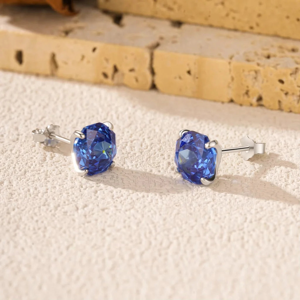 Royal Blue Rose Cut Zircon Sterling Silver Stud Earrings