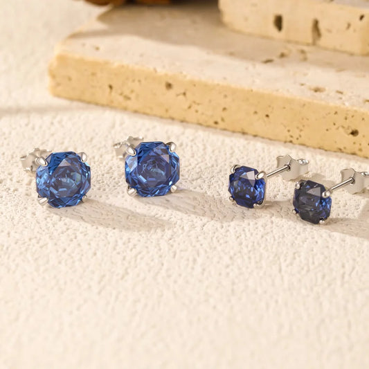 Royal Blue Rose Cut Zircon Sterling Silver Stud Earrings