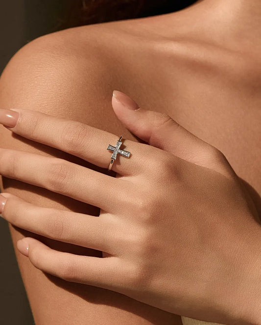 Sideways cross moissanite ring in 925 sterling silver with pave stones