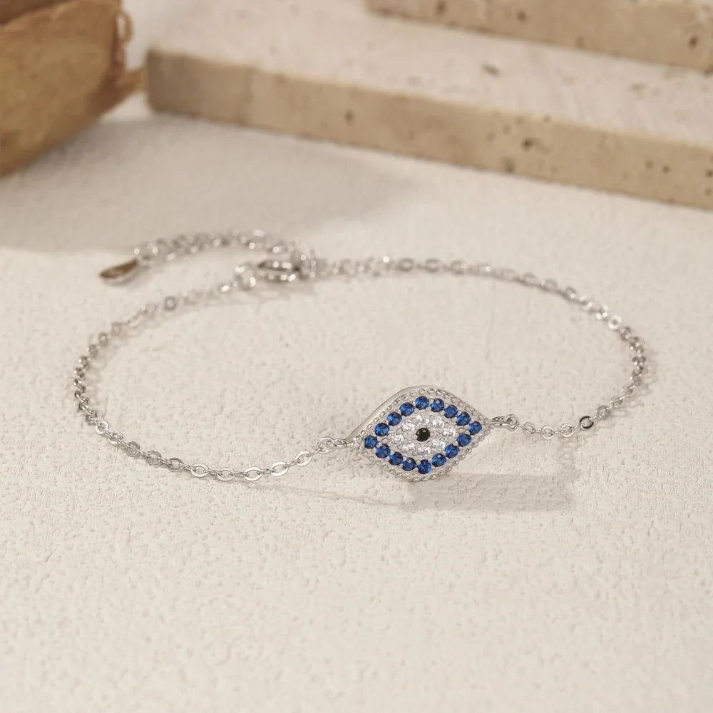 Sterling Silver Evil Eye Bracelet with Zircon - Turkish Lucky Eye Charm for Women
