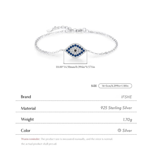 Sterling Silver Evil Eye Bracelet with Zircon - Turkish Lucky Eye Charm for Women