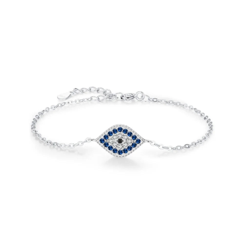 Sterling Silver Evil Eye Bracelet with Zircon - Turkish Lucky Eye Charm for Women