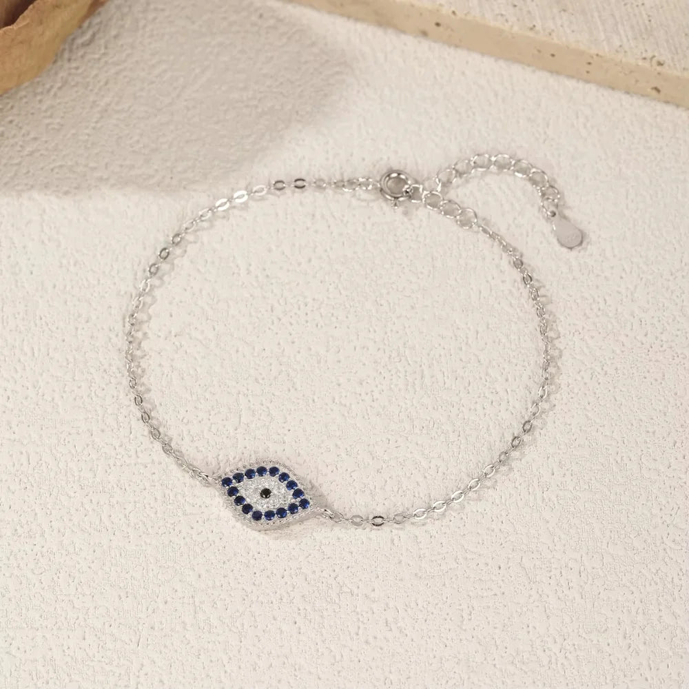 Sterling Silver Evil Eye Bracelet with Zircon - Turkish Lucky Eye Charm for Women