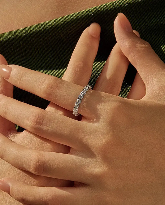 Slim moissanite eternity band ring in 925 sterling silver