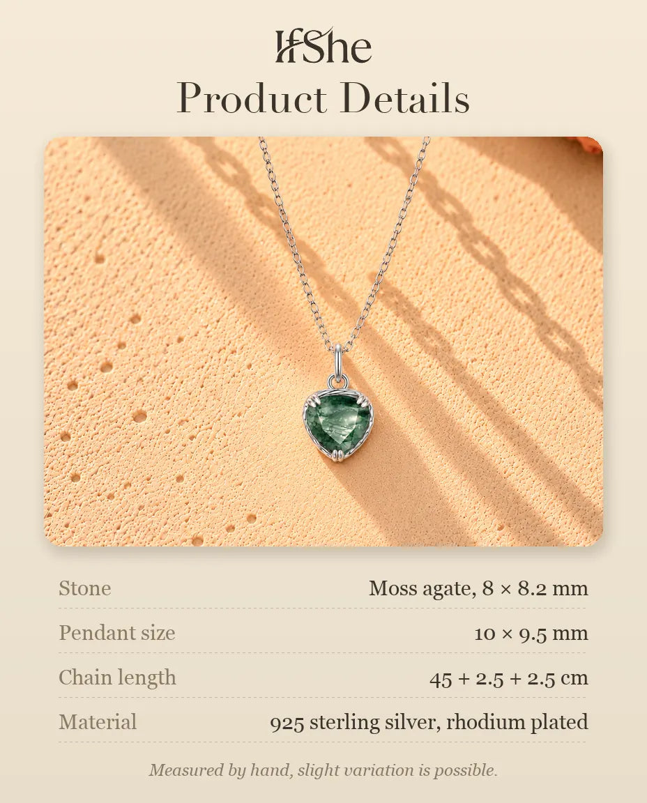 Heart Moss Agate Pendant Necklace in 925 Sterling Silver - product details with stones, pendant size, chain length and material