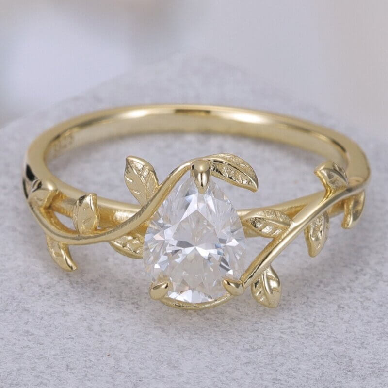 Solitaire Pear Shaped Moissanite Ring Sterling Silver with Yellow Gold Plated