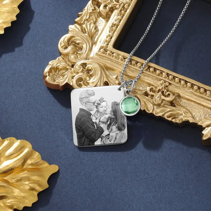 Square Pendant Personalised Photo Necklace with Birthstone | Personalised Picture Necklace with Anniversary Date