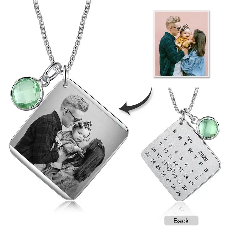 Square Pendant Personalised Photo Necklace with Birthstone | Personalised Picture Necklace with Anniversary Date