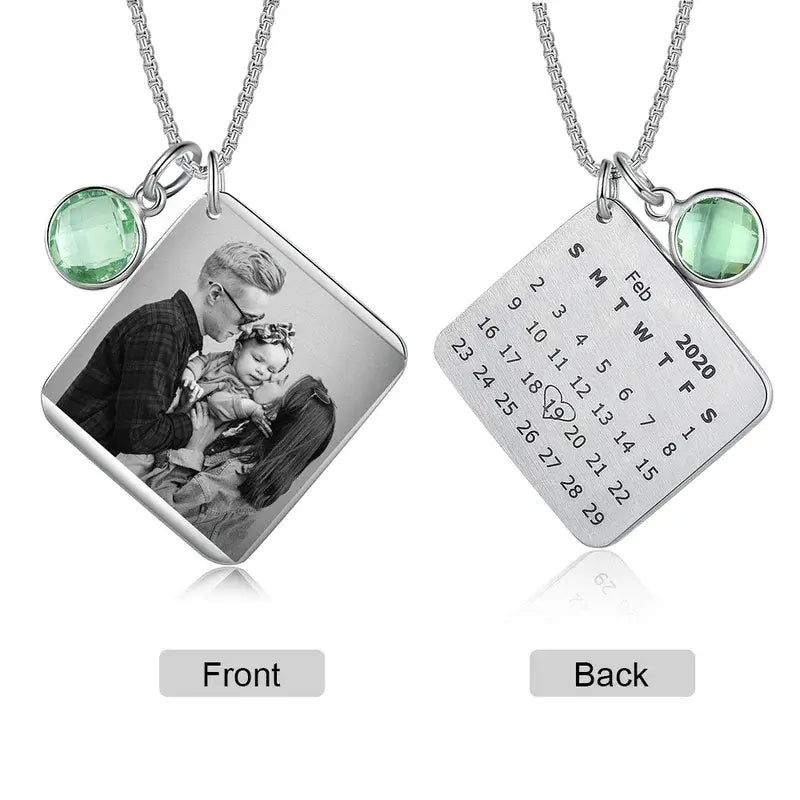 Square Pendant Personalised Photo Necklace with Birthstone | Personalised Picture Necklace with Anniversary Date