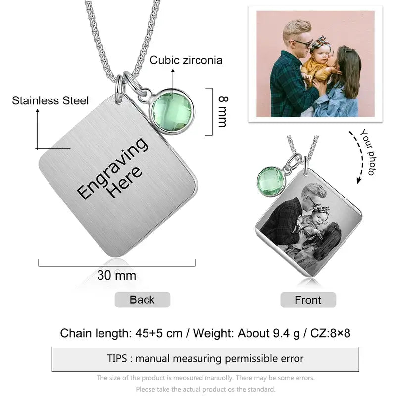 Square Pendant Personalised Photo Necklace with Birthstone | Personalised Picture Necklace with Anniversary Date