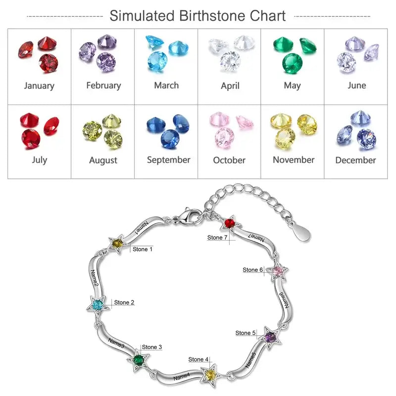Personalised Star Charm Birthstone Bracelet | Engraved Name Bracelet | Up to 7 Birthstone and Names