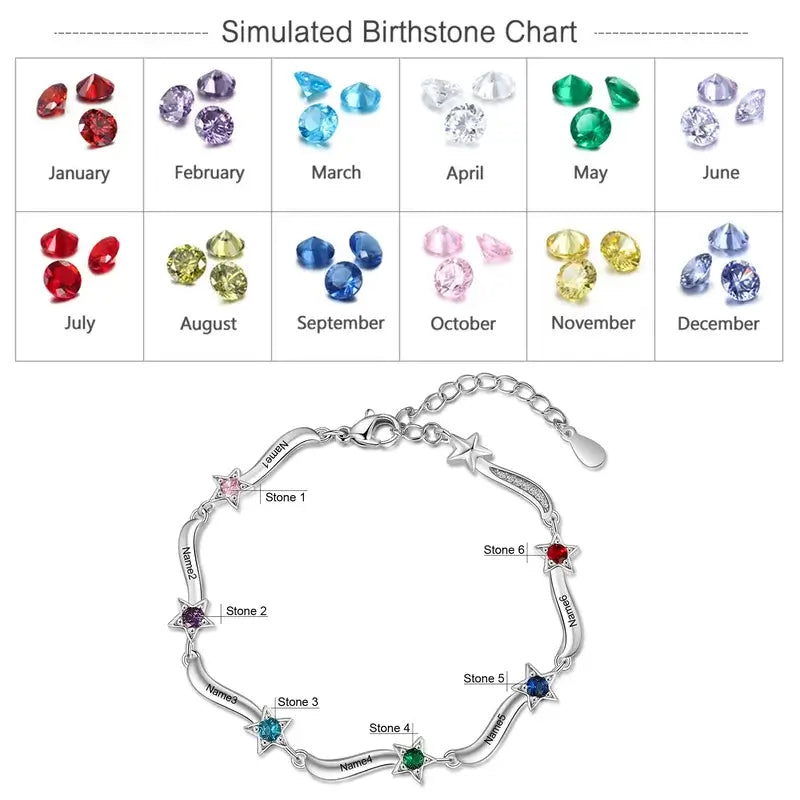 Personalised Star Charm Birthstone Bracelet | Engraved Name Bracelet | Up to 7 Birthstone and Names