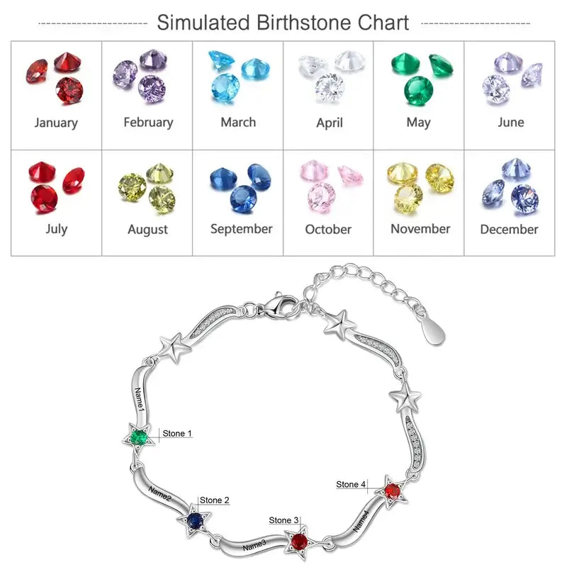 Personalised Star Charm Birthstone Bracelet | Engraved Name Bracelet | Up to 7 Birthstone and Names