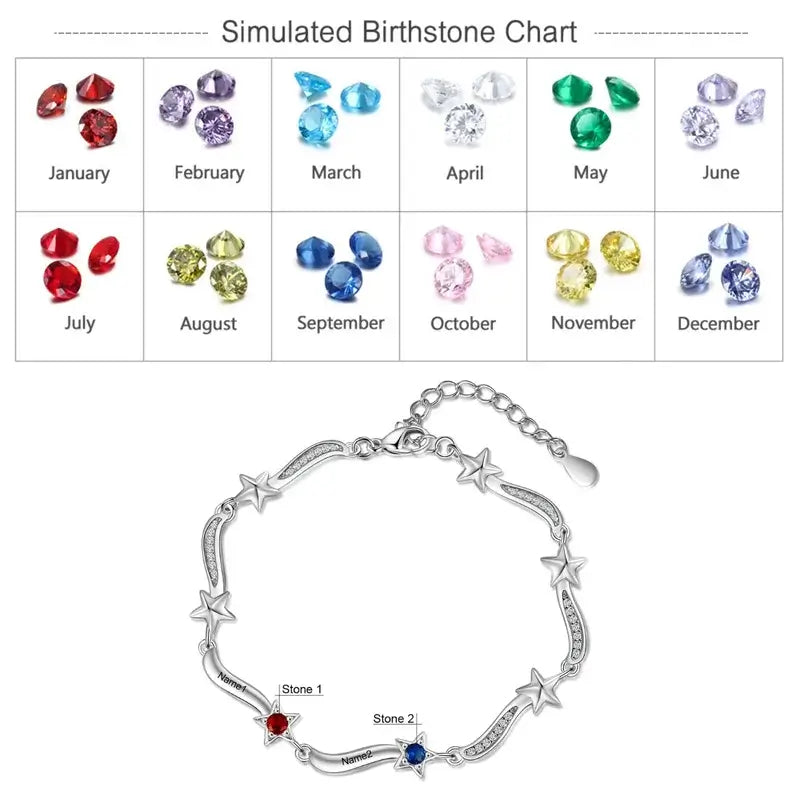 Personalised Star Charm Birthstone Bracelet | Engraved Name Bracelet | Up to 7 Birthstone and Names