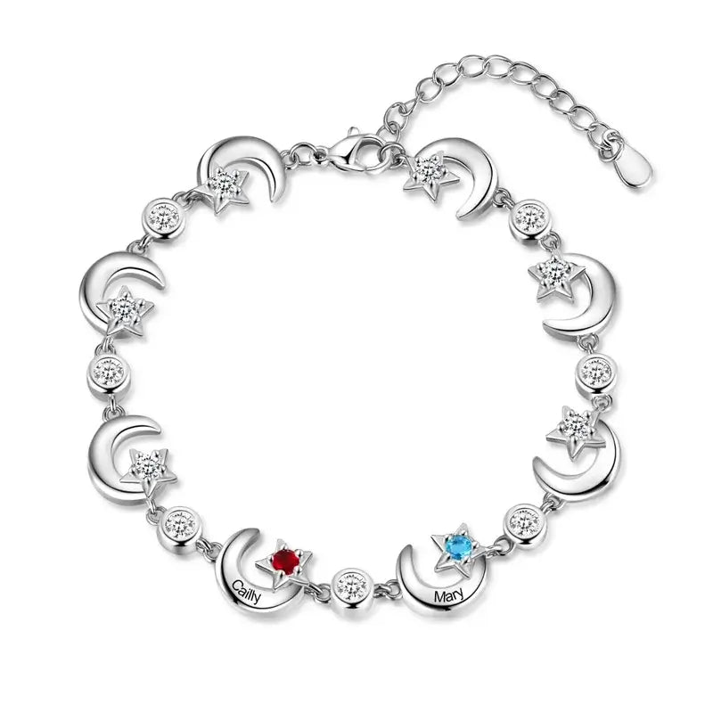 Star Moon Personalised Birthstone Bracelet | Engraved Name Bracelet
