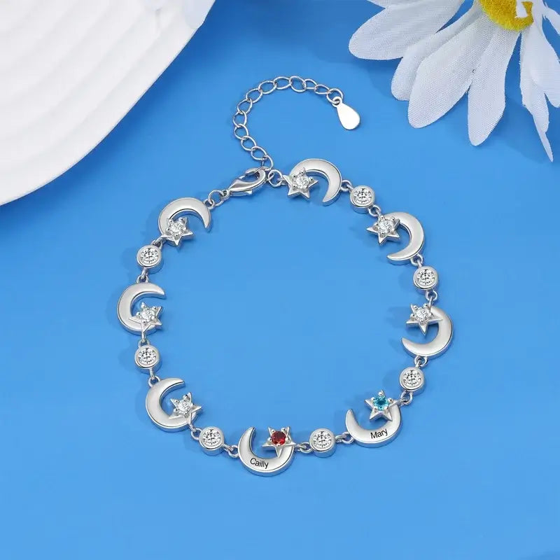 Star Moon Personalised Birthstone Bracelet | Engraved Name Bracelet