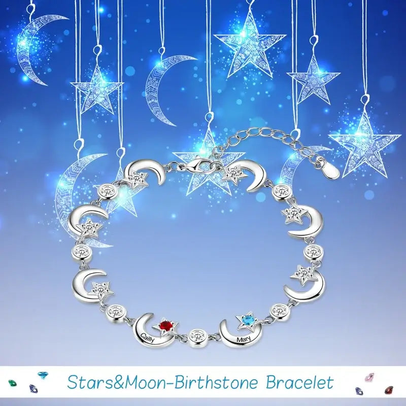 Star Moon Personalised Birthstone Bracelet | Engraved Name Bracelet