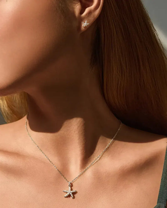 Starfish Jewellery Set in 925 Sterling Silver - necklace and earring worn on a model